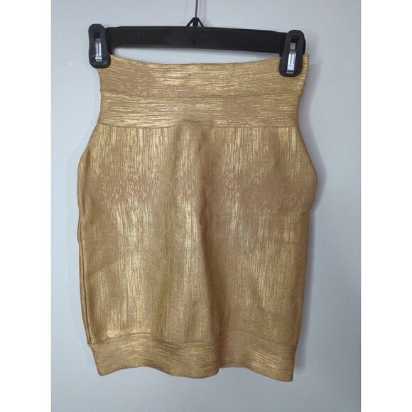 Herve Leger Gold Coated Knit Mini Skirt Bodycon Fitted Size S - Picture 1 of 8